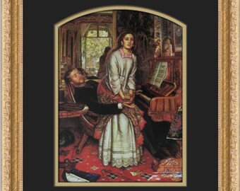 Könnte beinhalten: Ein Gemälde, das eine Frau in einem weißen Kleid zeigt, die neben einem Mann steht, der auf einem Stuhl sitzt. Die Frau spielt Klavier und der Mann schaut sie an. Das Gemälde spielt in einem Raum mit einem Fenster und einem Kamin.