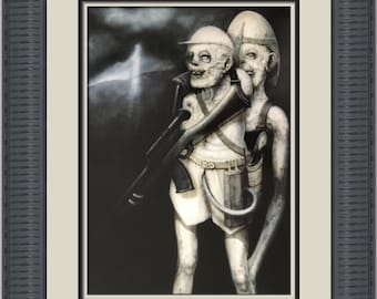 May include: A black and white illustration of two figures wearing helmets and holding a rifle. The figures are standing in a dark, shadowy landscape with a bright light in the distance.