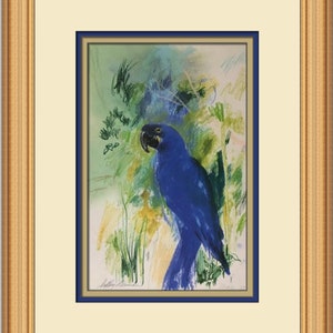 Leroy Neiman Blauer Ara, individuell gerahmter Druck