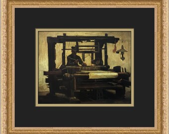 May include: A painting depicting a person working at a loom in a dimly lit room. The loom is made of wood and has a white cloth draped over it. The person is wearing dark clothing and is focused on their work. A lantern hangs from the ceiling, casting a warm glow on the scene.