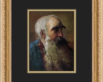 Può includere: Un dipinto di un uomo anziano con una lunga barba bianca. Indossa una giacca blu e ha un'espressione seria sul viso.