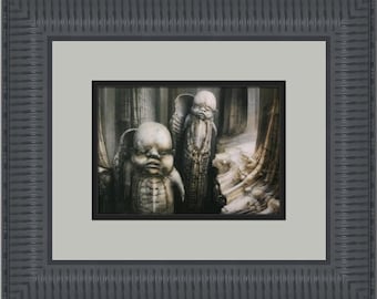May include: A black and white surrealist painting of two figures with large heads and bodies that resemble stone. The figures are standing in a dark, cavernous space with a light source in the background.