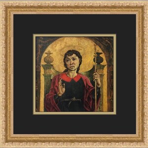 Puede incluir: Una pintura de una persona con una túnica roja y negra que sostiene un bastón. La persona está sentada en un trono con un fondo dorado. La pintura está enmarcada en un marco dorado.