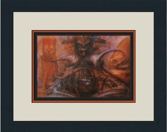 May include: A surreal painting with a central figure with a mechanical body and a face with a gaping mouth. The figure is surrounded by other figures with strange features and a background of swirling colors.