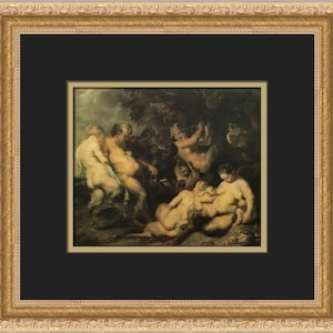 Puede incluir: Una pintura que representa a un grupo de figuras desnudas en un entorno de bosque. Las figuras están dispuestas en una composición circular, con una figura central que sostiene un bebé. La pintura está realizada en un estilo realista, con colores ricos y pinceladas detalladas.