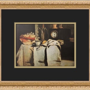 May include: A still life painting featuring a seashell, a white cloth, a cup and saucer, a lemon, and a clock on a table. The background is dark and the painting is done in a realistic style.