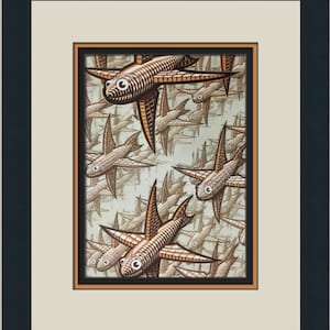 May include: A black and white optical illusion print of a shoal of fish. The fish are drawn in a repeating pattern, creating a sense of movement and depth.