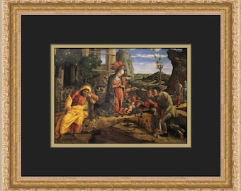 May include: A framed Renaissance painting depicting a religious scene. The artwork features figures in classical attire, with a central focus on a mother and child. The color palette includes earthy tones, with accents of red, yellow, and blue.