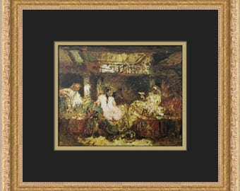Könnte beinhalten: Ein Gemälde, das eine Szene von Menschen zeigt, die in einem Raum versammelt sind. Das Gemälde ist in einem lockeren, impressionistischen Stil gehalten, wobei der Fokus auf die Einfangung von Licht und Schatten liegt. Die Figuren sind größtenteils durch die Pinselstriche verdeckt, aber ihre Formen sind dennoch erkennbar. Das Gemälde spielt in einem Raum mit hoher Decke und einem großen Fenster. Der Raum ist spärlich eingerichtet, mit nur wenigen Stühlen und einem Tisch. Das Gemälde ist ein gutes Beispiel für den Stil des Künstlers, der sich durch die Verwendung von Farbe und Licht auszeichnet, um eine Atmosphäre zu schaffen.