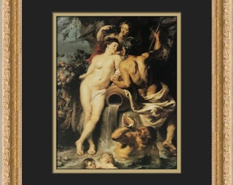 May include: A painting depicting a scene from Greek mythology. A nude woman stands next to a man pouring water from a large jug. A third figure, a woman with wings, looks on. The scene is set in a lush forest with a waterfall in the background.