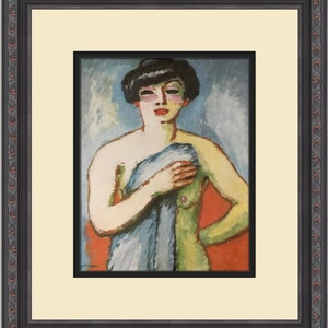 Puede incluir: Una pintura de una mujer con el pelo negro corto, que lleva un chal azul y verde. La mujer está de pie sobre un fondo rojo y azul.