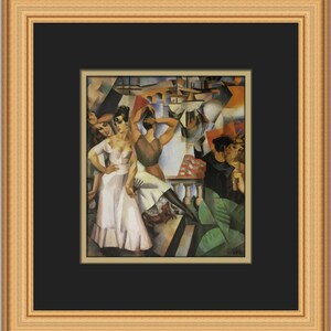 以下が含まれることがあります： 活気ある屋外シーンの人物を描いたキュビズム絵画。このアートワークは、茶色、白、緑の色合いと、幾何学的な形と断片的な形が特徴です。絵画は金色の木製フレームに額装されています。