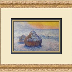 May include: A painting of two haystacks covered in snow with a yellow and orange sunset in the background. The painting is by Claude Monet and is titled "Haystacks, Snow Effect".