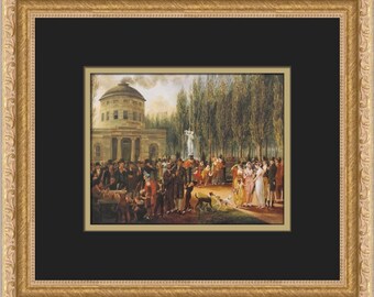 Könnte beinhalten: Gerahmtes Gemälde, das eine öffentliche Versammlung in einer parkähnlichen Umgebung darstellt. Das Kunstwerk zeigt ein Gebäude mit Kuppel, eine Statue und zahlreiche Figuren in historischer Kleidung. Der Rahmen ist verziert, mit goldener Oberfläche, und das Gemälde ist vor einem schwarzen Passepartout.