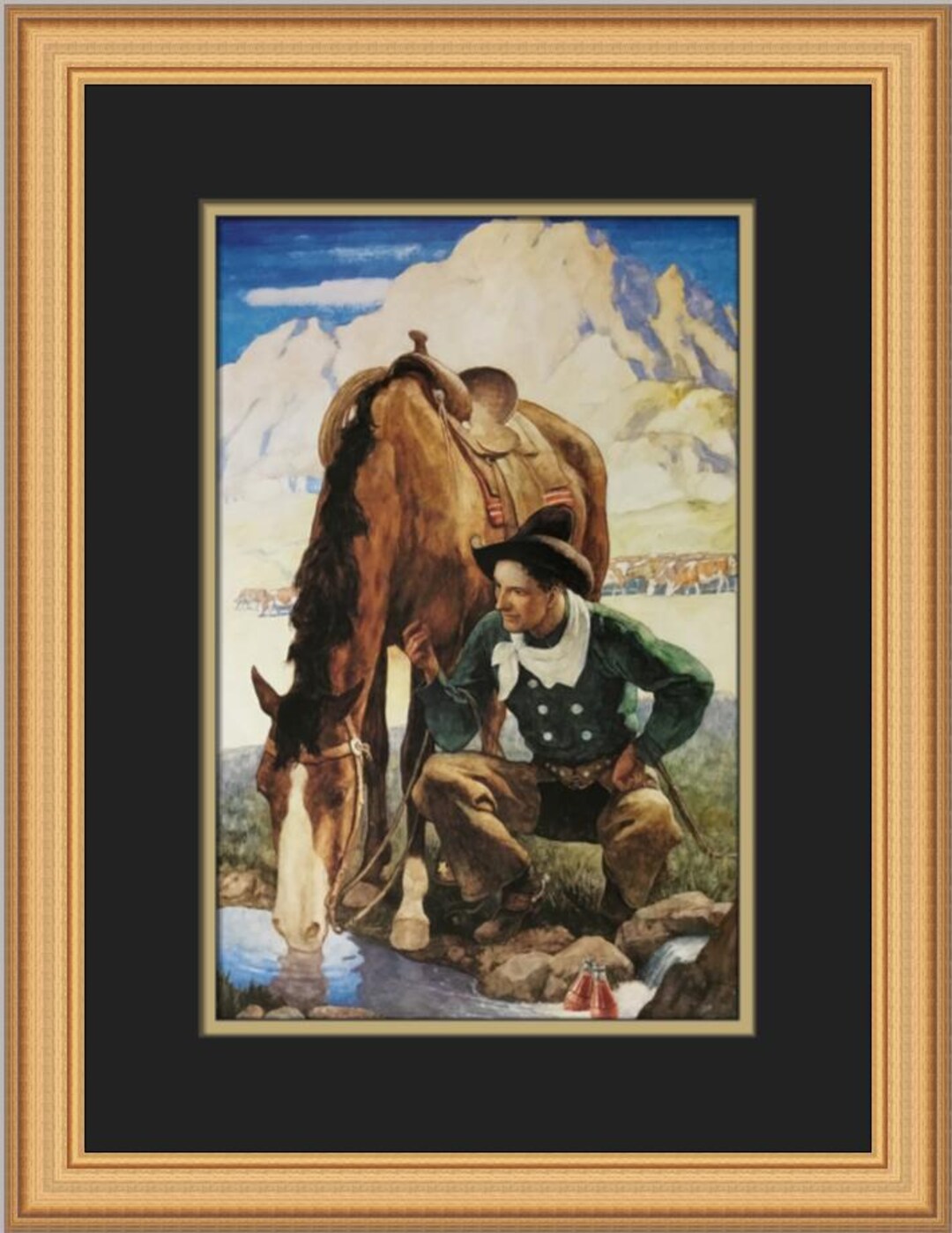 N C Wyeth Cowboy Watering His Horse Custom Framed Print - Etsy display picture 2