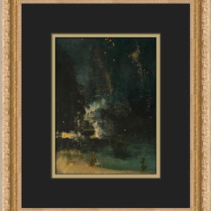 Puede incluir: Pintura antigua enmarcada con una escena de paisaje oscuro y melancólico. La obra presenta un cielo nocturno con reflejos dorados dispersos, posiblemente representando fuegos artificiales o estrellas. El marco es dorado, ornamentado y añade un toque clásico.