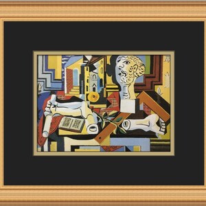 May include: A cubist painting featuring a white plaster bust of a man with a yellow flower, a book, and a broken arm. The painting is done in a geometric style with bold colours and shapes.