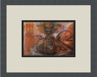 May include: A surrealist painting depicting a woman with a mechanical body and a strange, alien-like face. She is surrounded by tubes and wires, and there are two other figures in the background, one with a red head and the other with a large, round head.