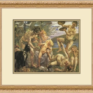 May include: A painting depicting a group of people in a forest setting. The figures are nude and appear to be celebrating or engaging in a ritual. There is a goat, a tree, and a river in the background. The painting is done in a realistic style with vibrant colors.