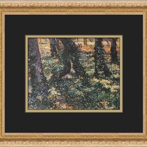 Op de afbeelding: Een schilderij van een bosje bomen met dikke stammen en groen gebladerte. De bomen zijn geschilderd in een dikke, impasto-stijl, met zichtbare penseelstreken. Het licht in het schilderij is gevlekt, waardoor een gevoel van diepte en sfeer ontstaat.