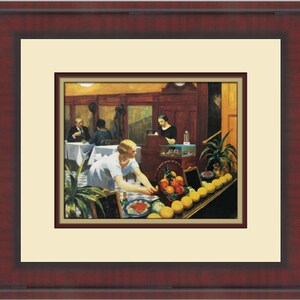 Puede incluir: Una pintura que representa una escena en el interior de un restaurante. Una mujer con un vestido blanco está sirviendo fruta a los clientes en un mostrador. Hay otras personas en el fondo, incluyendo una mujer detrás del mostrador y una pareja sentada en una mesa. La pintura está hecha en un estilo realista con colores apagados.