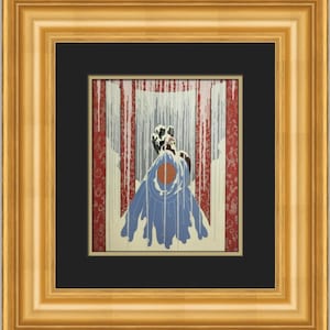May include: A framed art print featuring a stylized illustration of a woman in a blue dress with a red flower on her chest. The woman is standing in front of a white and red patterned background with white drips falling from the top.