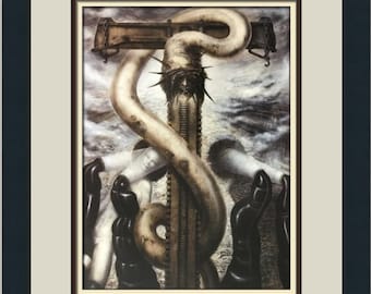 May include: A surrealist painting depicting a figure on a cross, surrounded by a snake and other figures. The painting is done in a dark, muted palette and has a haunting atmosphere.