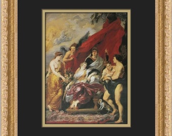 May include: A painting depicting a group of people in a scene with a red drape and a cloudy sky. The figures are dressed in elaborate clothing and appear to be in a formal setting. The painting is framed in a gold frame.