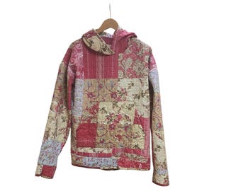 Sweat à capuche matelassé surdimensionné fait main - Veste matelassée vintage recyclée - Pull en patchwork Cottagecore