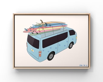 Retro Surf Van Art Print: Stacked Surfboards, Groovy Surfer Art
