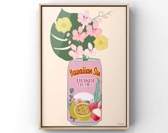Hawaiian Sun Lilikoi Lychee Juice Can Art Print | Tropical Flower Art | Orchid | Bouquet Poster Print | Colorful Flower Decor | Hawaii Art |