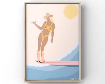 Flower Power Surf Cowgirl Art Print | Surfer Poster | Beach Prints | Ocean | Surfing Decor | Hawaii | Western | Cowboy | Cowgirl