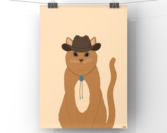 Lámina artística de vaquero con gato naranja: regalo para los amantes de los gatos del oeste (descarga digital)