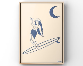May include: A blue line drawing of a woman wearing a cowboy hat and boots, riding a surfboard with a crescent moon in the background. The artwork is on a cream-colored background.