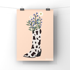 Jarrón de bota con estampado de vaca Descarga digital / Arte de bota occidental / Impresión digital / Arte descargable / Arte occidental / Impresión de arte floral / Vaquera
