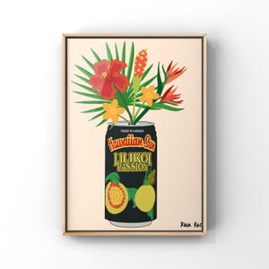 Hawaiian Sun Lilikoi Can Art Print / Arte floral tropical / Jarrón de flores de lata / Decoración de pared colorida / Impresión de póster de ramo de flores / Hawái