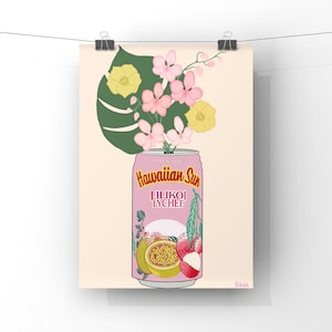 Hawaiian Sun Lilikoi Lychee Juice Can Digital Art Print / Arte de flores tropicales / Orquídea / Impresión de ramo / Decoración de flores coloridas / Hawái