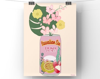 Hawaiian Sun Lilikoi Lychee Juice Can Digital Art Print | Tropical Flower Art | Orchid | Bouquet Print | Colorful Flower Decor | Hawaii