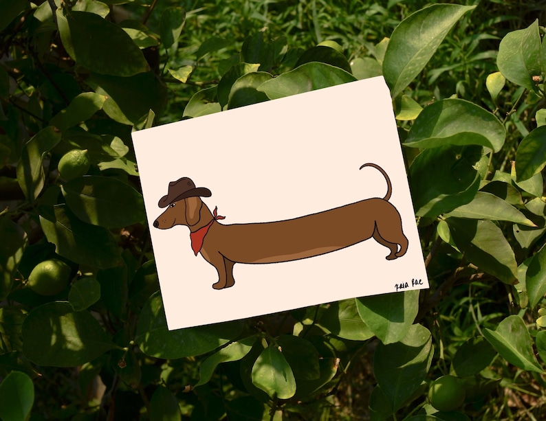 May include: A cartoon illustration of a brown dachshund wearing a brown cowboy hat and a red bandana. The dachshund is standing on a light pink background.