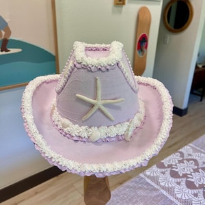 Mermaid Seashell Lavender Fake Cake Cowboy Hat | Purple Cowgirl Hat | Seashell Western Hat | Ocean Cake Design | Faux Cake | Cake Cowgirl