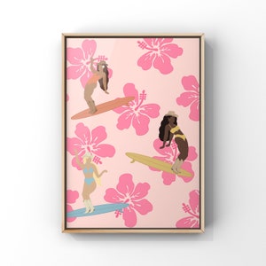 Surf Sistas Art Print | Surf Art | Coastal Cowgirl | Hibiscus Flower | Western Art | Surfing Cowgirls | Cowgirl Surfers | Surf Illustration