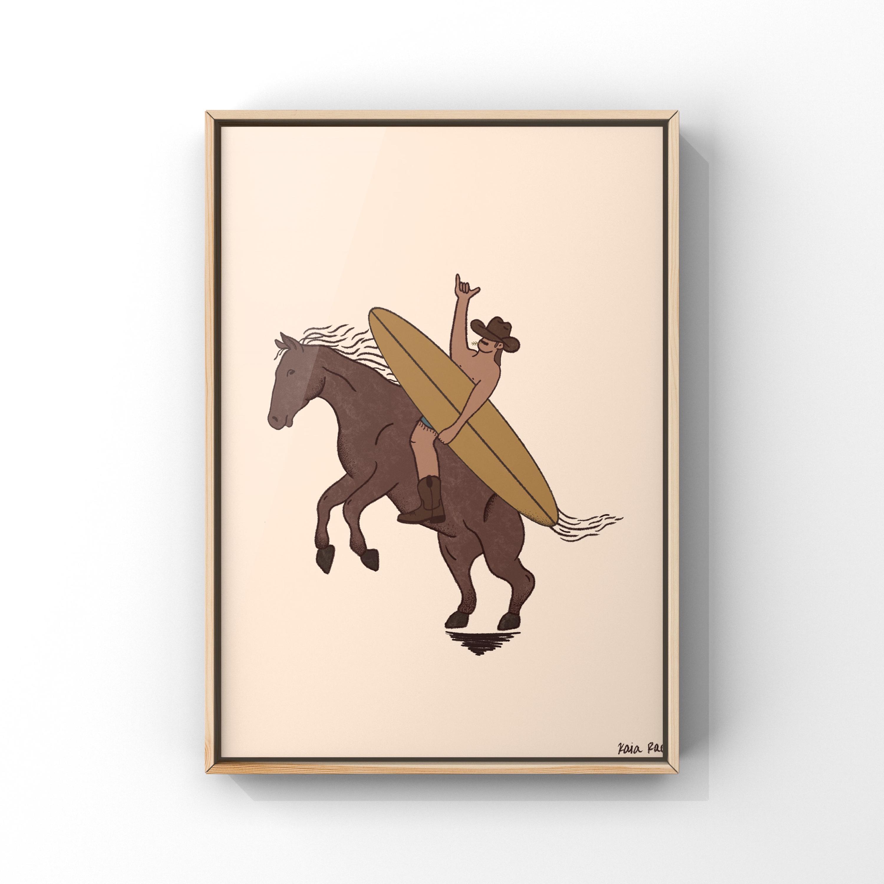 Surf 'n' Saddles Art Print | Coastal Cowboy Art | Surfing Cowboy | Cowboy Surfer | Western Surf Horse Art | Surfboard Art | Surfer | Prints