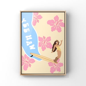 Yee Haw Surfer Cowgirl Art Print | Surfer Illustration | Beach Prints | Ocean Art Decor | Surfing Cowboy Poster | Flower Art | Western Art