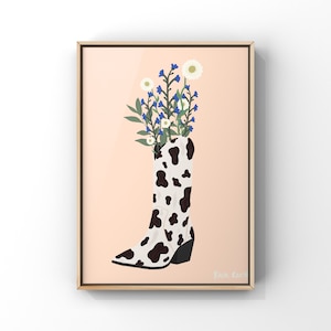 Impresión de vaca vaquera bota flor florero arte impresión / ilustración de bota occidental / arte vaquero / decoración occidental / impresión de arte moderno / arte floral lindo