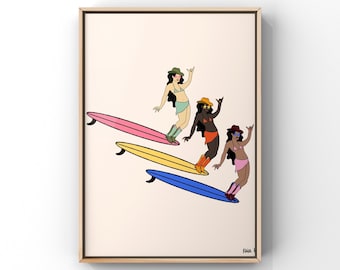 May include: Three women in swimsuits and cowboy hats are riding on surfboards. The surfboards are pink, yellow, and blue. The women are all smiling and having fun.