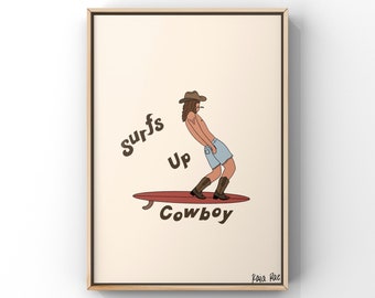 Surfs Up Cowboy Western Art Print | Cowboy Art | Surfer Illustration | Coastal Cowboy | Surf Art | Surfing Cowboy | Coastal Gallery Wall