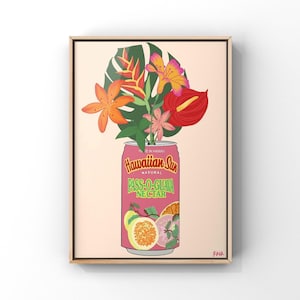 Impresión artística en lata de guayaba Pass-O-Hawaian Sun / Arte floral tropical / Jarrón de flores en lata / Decoración de pared colorida / Impresión de póster con ramo de flores / Hawái