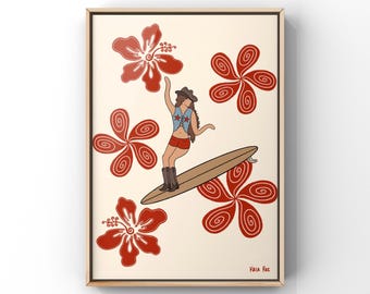 Wave Dancer Cowgirl Surfing Art Print: Funky Western Surf Decor