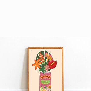Hawaiian Sun Pass-O-Guava Can Art Print / Arte floral tropical / Jarrón de flores de lata / Decoración de pared colorida / Impresión de póster de ramo de flores / Hawái