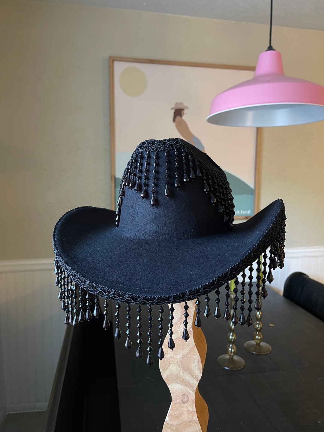 Black Beaded Fringe Western Hat Cowgirl Hat Cowboy Hat Fringe Eclectic Handmade Etsy